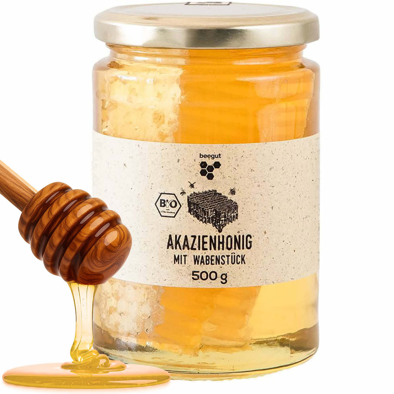 BIO Akazienhonig mit ganzem Wabenstück, 500g – beegut