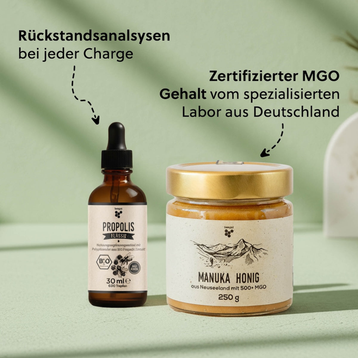 Unser Qualitätsversprechen=>Jede Charge wird von einem unabhängigen deutschen Labor auf Rückstände und auf den MGO- und Pollengehalt analysiert und gibt Dir die Sicherheit, 100% natürliche & unverfälschte Naturprodukte zu erhalten.