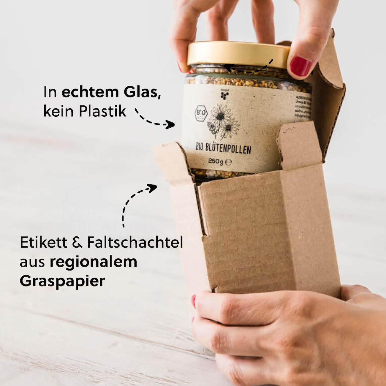 Nachhaltige Verpackung=>Das wiederverwendbare Glas wird mit einem nachhaltigen Graspapier-Etikett versehen und in einer Karton-Schutzverpackung an dich versendet.