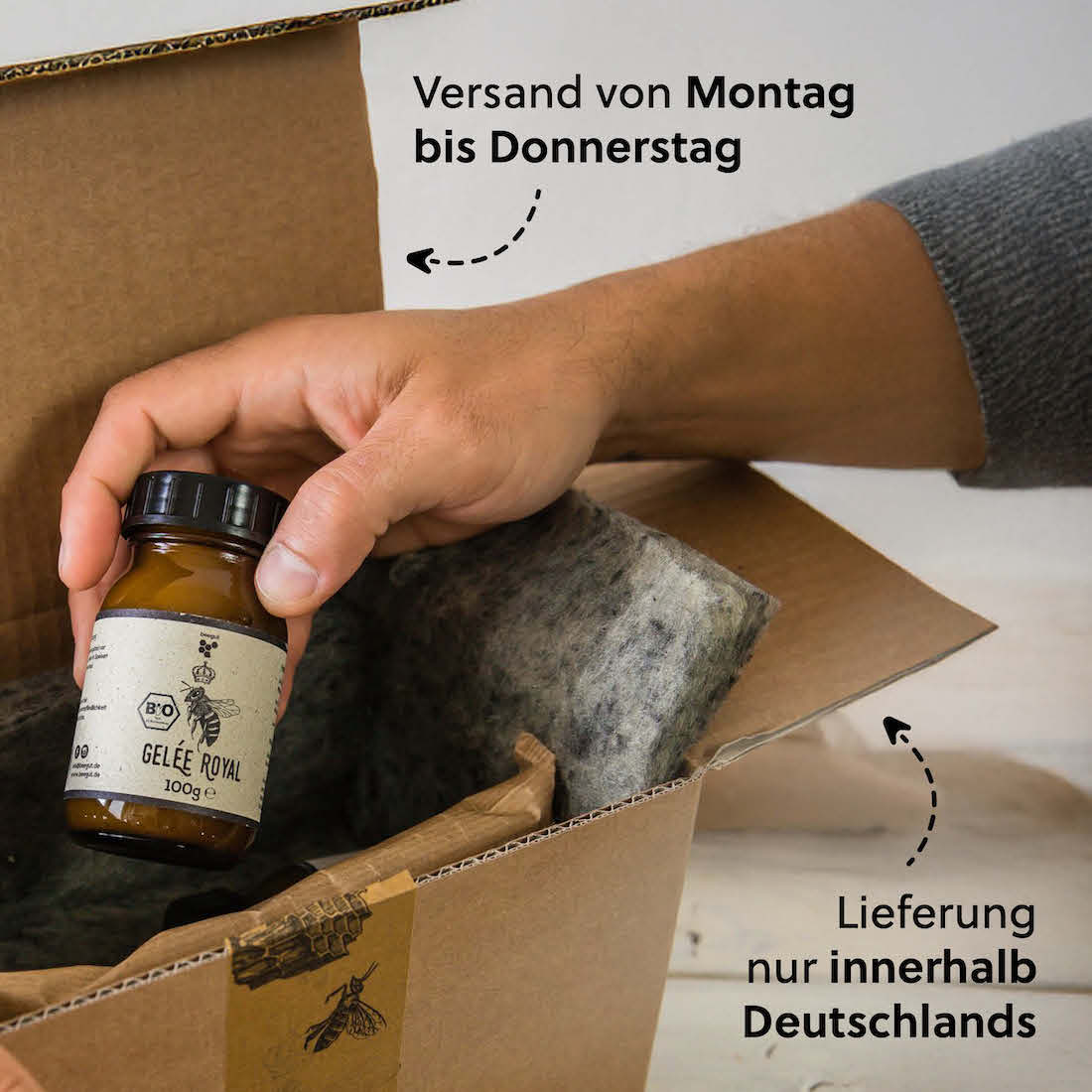 Eingeschränkte Versandzeiten=>Damit wir eine gekühlte und frische Lieferung garantieren können, versenden wir das Gelee Royal von Montag bis Donnerstag und nur innerhalb Deutschlands.