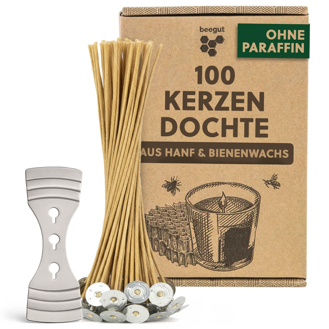 100 natürliche Kerzendochte aus Hanf & Bienenwachs – beegut