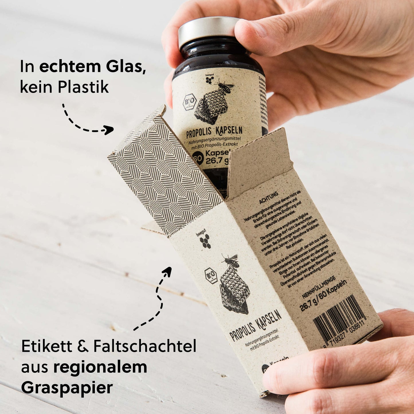 Nachhaltige Verpackung=>Die Verpackung ist aus Glas (keine Plastikdose), Etikett & Faltschachtel aus ressourcenschonendem & regionalem Graspapier.