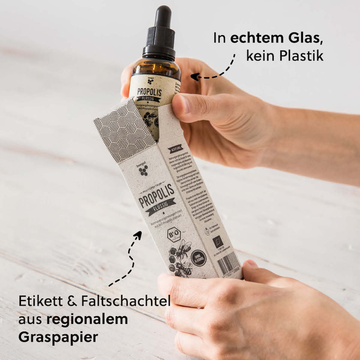 Nachhaltige Verpackung=>Die Verpackung ist aus Glas (keine Plastikflasche), Etikett & Faltschachtel aus ressourcenschonendem & regionalem Graspapier.