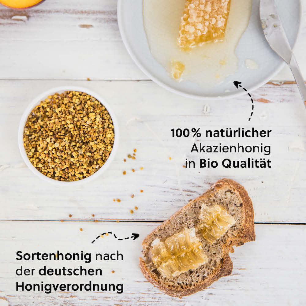 Zertifizierter Sortenhonig=>Akazienhonig darf ein Sortenhonig nur genannt werden, wenn er die Anforderungen der Honigverordnung erfüllt. Durch eine Pollenanalyse lassen wir das bei einem auf Bienenprodukte spezialisierten Labor in Deutschland überprüfen.