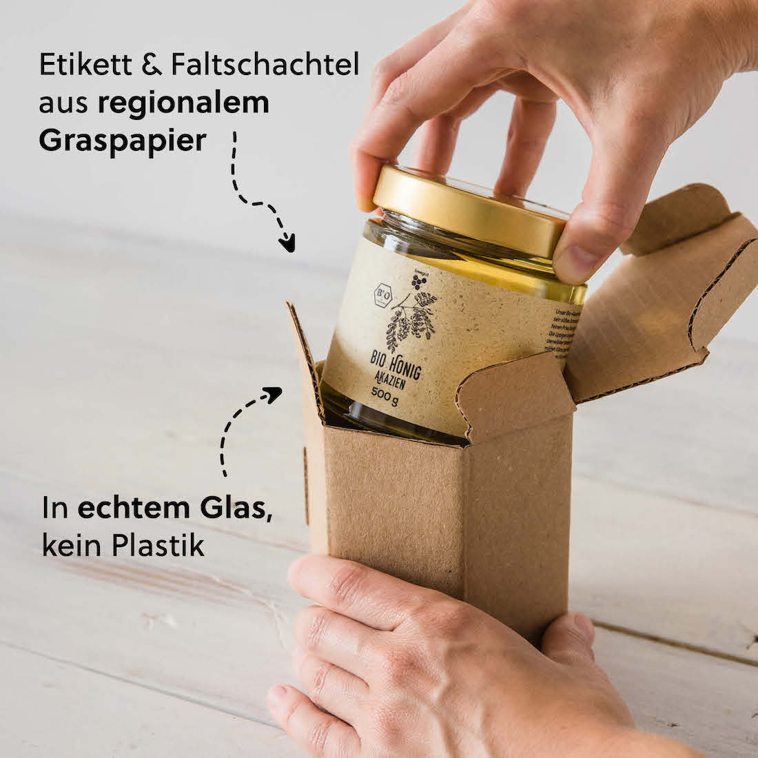 Nachhaltige Verpackung: Das wiederverwendbare Glas wird mit einem nachhaltigen Graspapier-Etikett versehen und in einer Karton-Schutzverpackung an dich versendet.