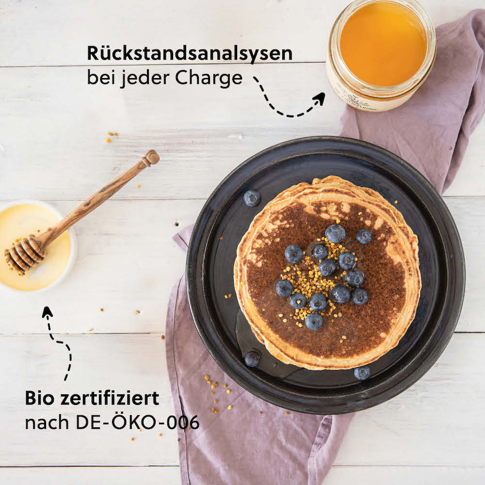 Unser Qualitätsversprechen=>Jede Charge wird in einem für Bienenprodukte spezialisierten Labor in Deutschland auf Pestizide und Schwermetalle analysiert. 