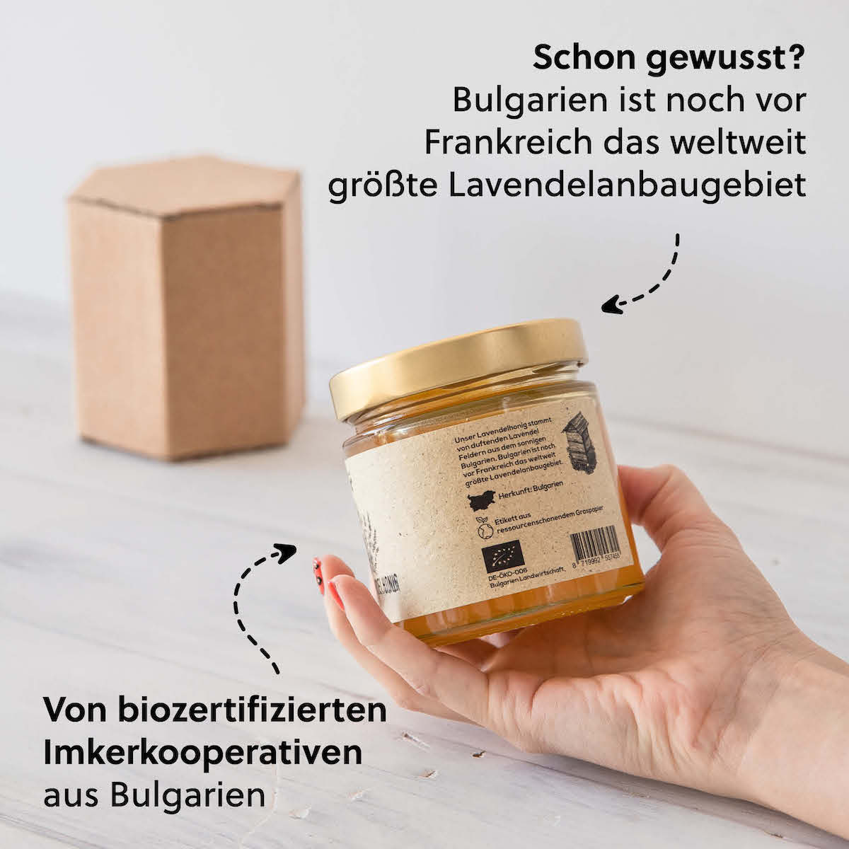 Bio Qualität aus der EU: Unser Lavendelhonig stammt aus Kazanlak, dem „Tal der Rosen“, nördlich zwischen dem Balkangebirge und dem Höhenzug der Sredna Gora gelegen.