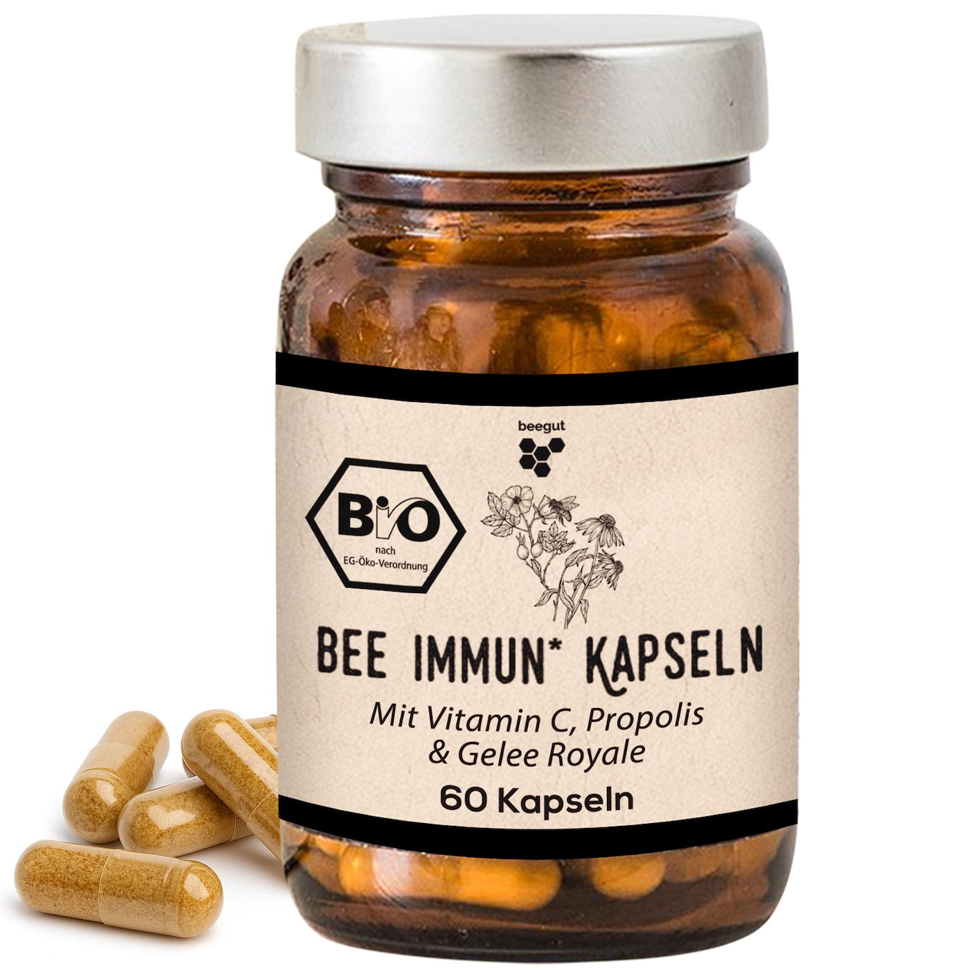 Das Beste aus der Natur=>Unsere BIO Bee Immun Kapseln kombinieren die geschätzten Rohstoffe der Bienen (Propolis & Gelee Royal) mit Pflanzenextrakten aus Acerola Beere, Hagebutte, Reishi, Ingwer und Echinacea als Zutaten.