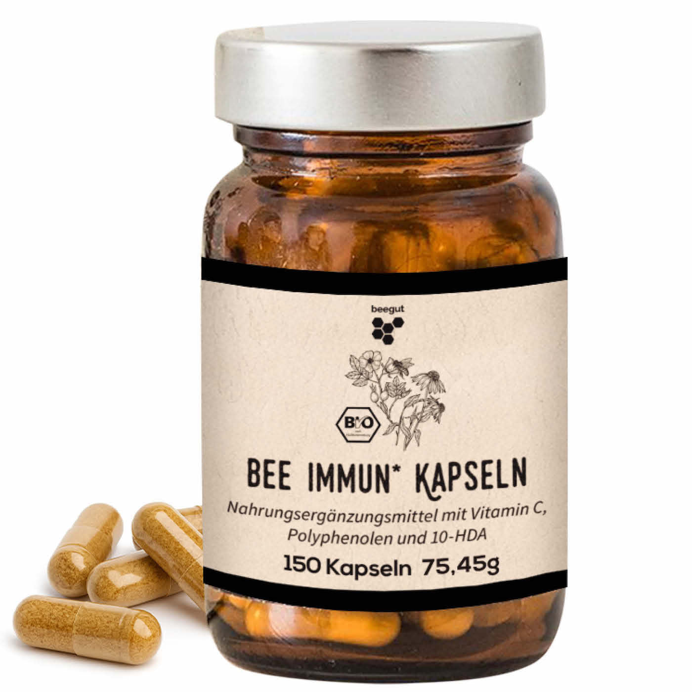 Das Beste aus der Natur=>Unsere BIO Bee Immun Kapseln kombinieren die geschätzten Rohstoffe der Bienen (Propolis & Gelee Royal) mit Pflanzenextrakten aus Acerola Beere, Hagebutte, Reishi, Ingwer und Echinacea als Zutaten.