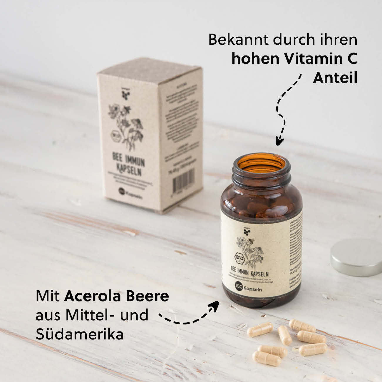 Mit natürlichem Vitamin C=>Neben Vitamin C enthält die Acerola auch Vitamin A, B1, B2, B3, Flavonoide, Polyphenole und wichtige Mineralstoffe wie Kalium, Magnesium und Eisen.