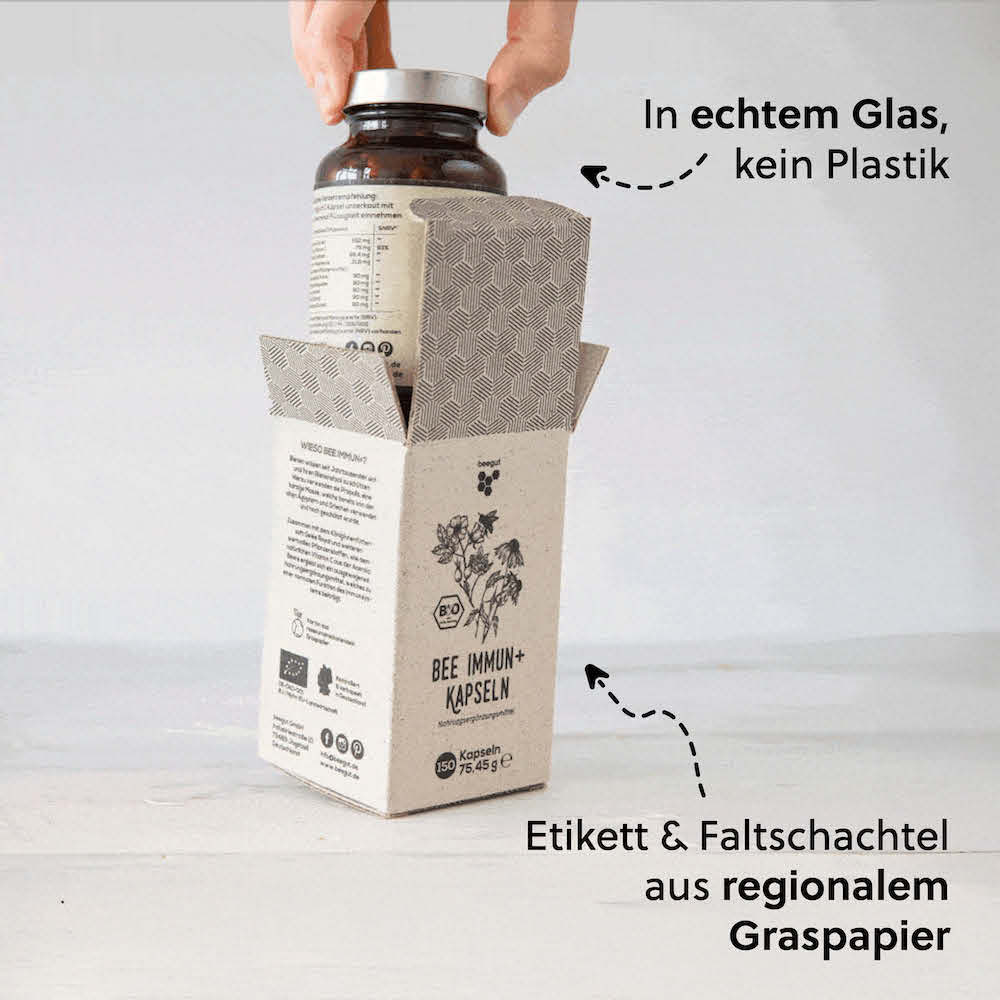 Nachhaltige Verpackung=>Die Verpackung ist aus Glas (keine Plastikdose), Etikett & Faltschachtel aus ressourcenschonendem & regionalem Graspapier.