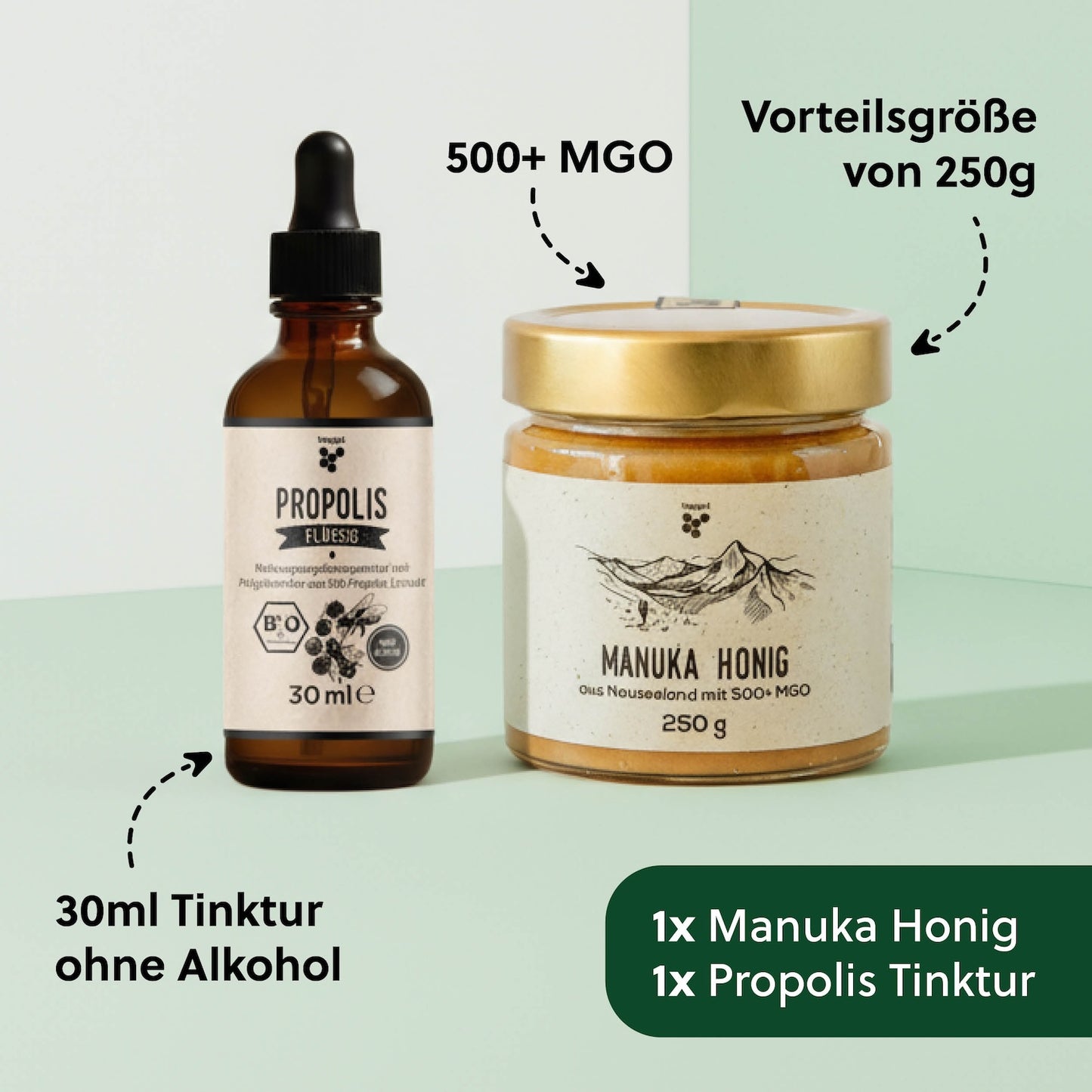 Das steckt im Kinder-Set=>Lieferumfang: 30ml Bio Propolis Tinktur ohne Alkohol, 250g Manuka Honig MGO 500+.