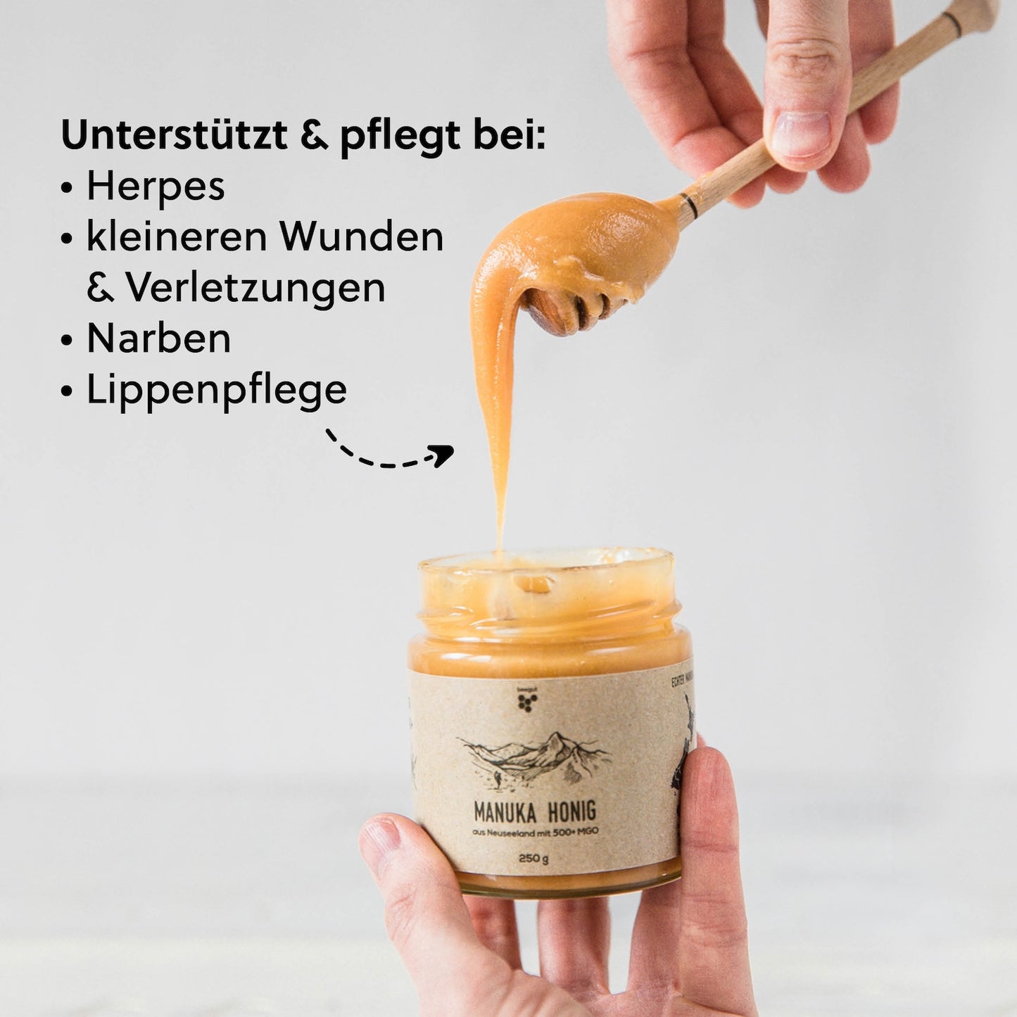Vielseitiger Manuka Honig=>Der Manuka Honig kann bei kleineren Wunden & Verletzungen sowie bei Hautunreinheiten unterstützend und pflegend eingesetzt werden. 
