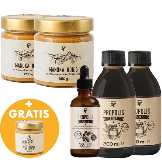 Das Beste von der Biene=>Das XXL Bienen Kinder Set ist der perfekte Begleiter für den Familienalltag. Es vereint bewährte Klassiker wie Propolis und Honig in einem sorgfältig ausgewählten Set.