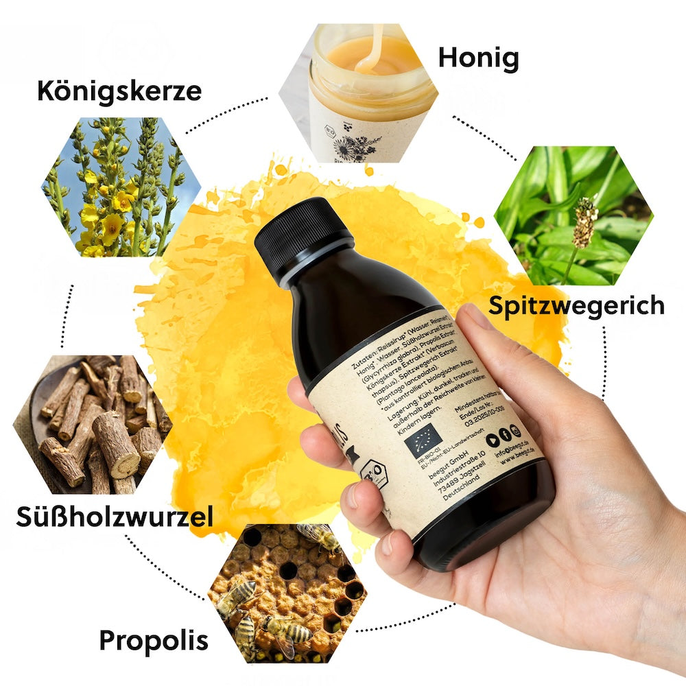 Propolis Sirup in Bio Qualität=>Das Beste von der Biene mit weiteren wichtigen Pflanzenextrakten aus kontrolliert biologischem Anbau. Besonders in der kalten & nassen Jahreszeit beliebt und für jung und alt die wohl leckerste Art Propolis einzunehmen. 