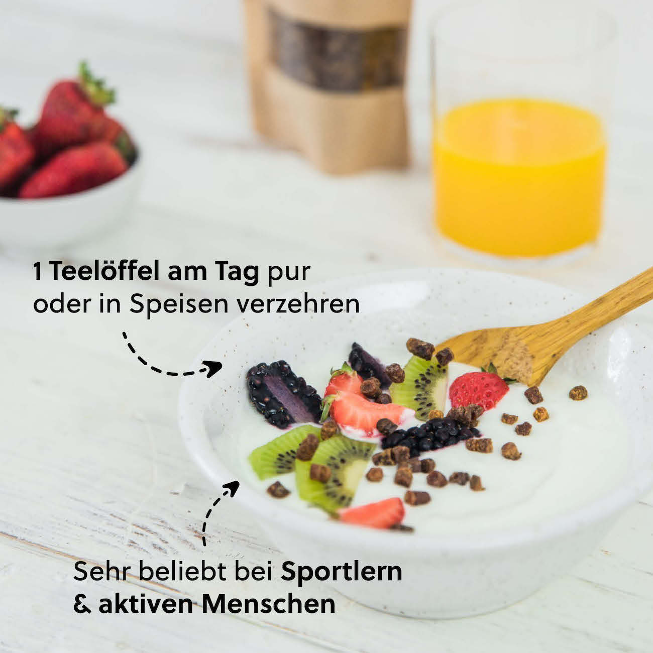 Einfache Dosierung=>Bereits ein Teelöffel über das Müsli gestreut, in den Joghurt eingerührt oder im Smoothie mitverarbeitet, liefert dir einen Frische-Kick, da die wertigen Inhaltsstoffe bioaktiv sind - also von deinem Körper sofort verwertet werden können.