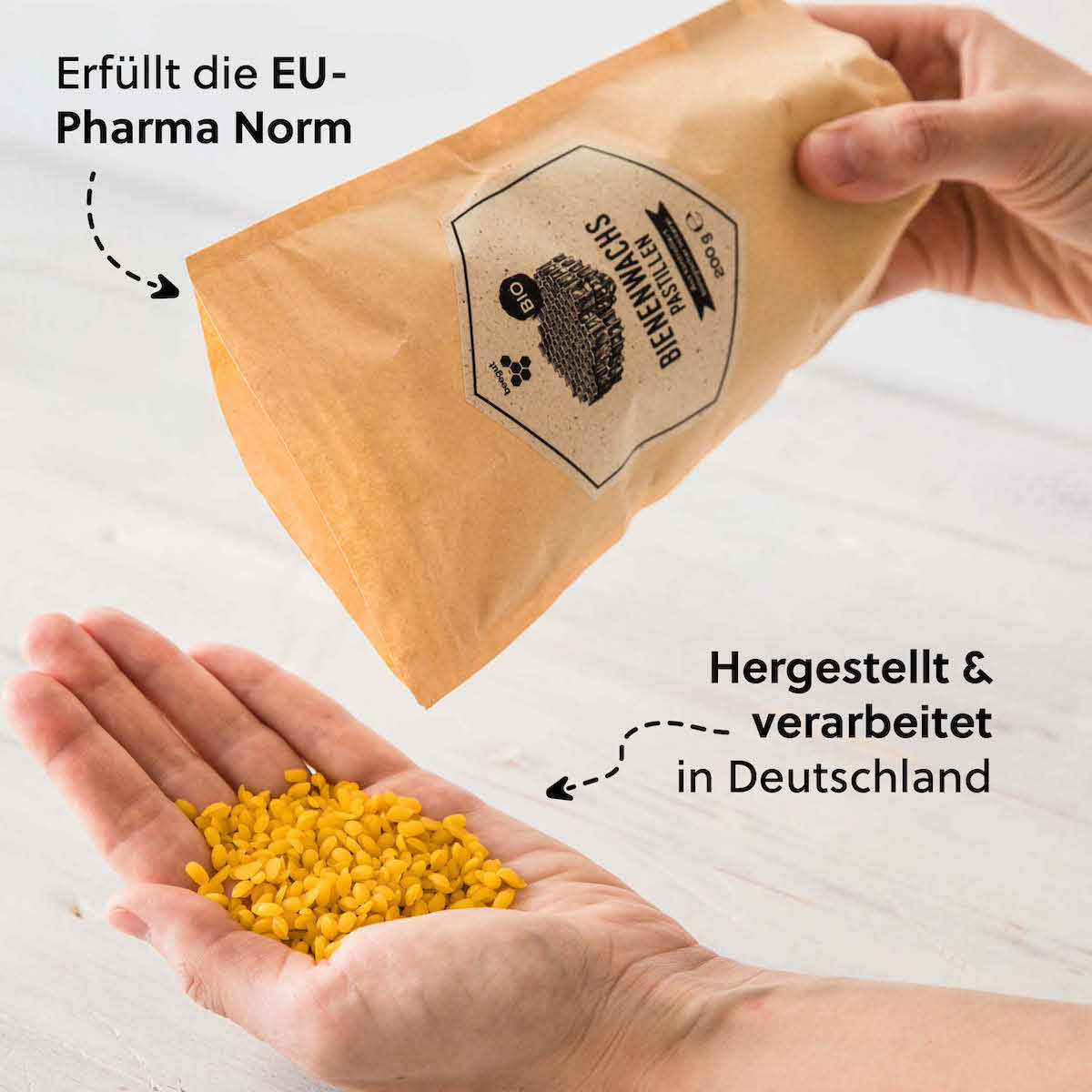 Pharma-& Kosmetik Qualität=>Die EU-Pharma-Norm legt fest, dass Bienenwachs, das in pharmazeutischen und kosmetischen Produkten verwendet wird, strengen Qualitätsanforderungen in Bezug auf Reinheit, Herkunft und Verarbeitung erfüllen muss, um die Sicherheit und Wirksamkeit der Produkte zu gewährleisten.