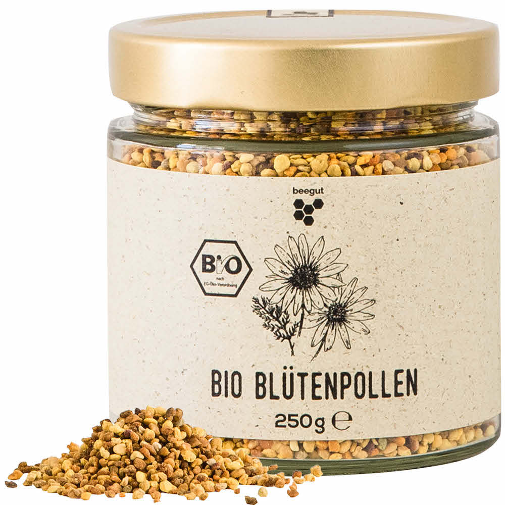 Die Nährstoffquelle der Bienen=>Blütenpollen enthalten eine hohe Konzentration an Proteinen, essentielle Aminosäuren, Vitamine (vor allem B-Vitamine, Vitamin C und E), Mineralstoffe (z. B. Zink, Eisen, Kalzium) und Antioxidantien.