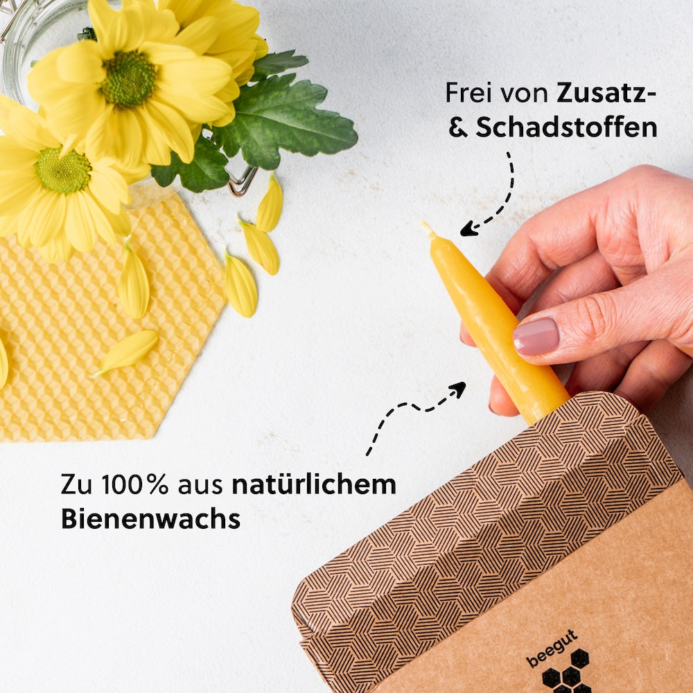 Die natürliche Alternative=>Dinnerkeren aus Bienenwachs sind eine umweltfreundliche Alternative zu herkömmlichen Kerzen, welche meist aus Paraffin sind und Farb- und Duftstoffe enthalten. 