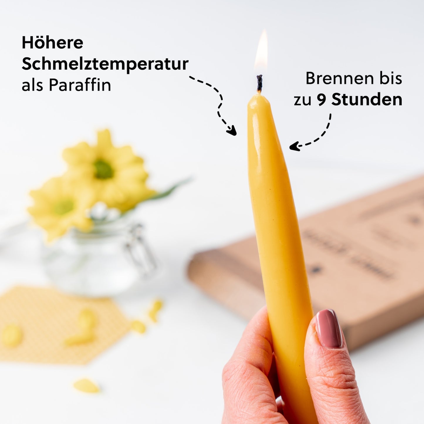 Lange Brenndauer=>Bienenwachs hat eine höhere Schmelztemperatur als Paraffinwachs, was dazu beiträgt, dass es länger brennt und nicht so schnell schmilzt.