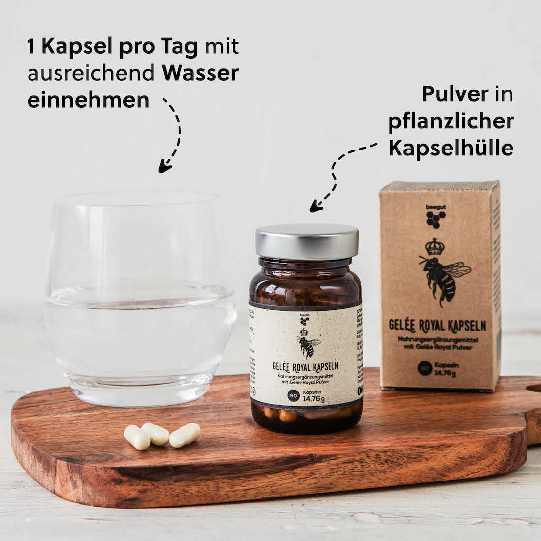 Einfache Dosierung=>Eine Kapsel enthält 170mg gefriergetrocknetes Gelee Royal Pulver, was ungefähr 500mg purem Gelee Royal entspricht. 