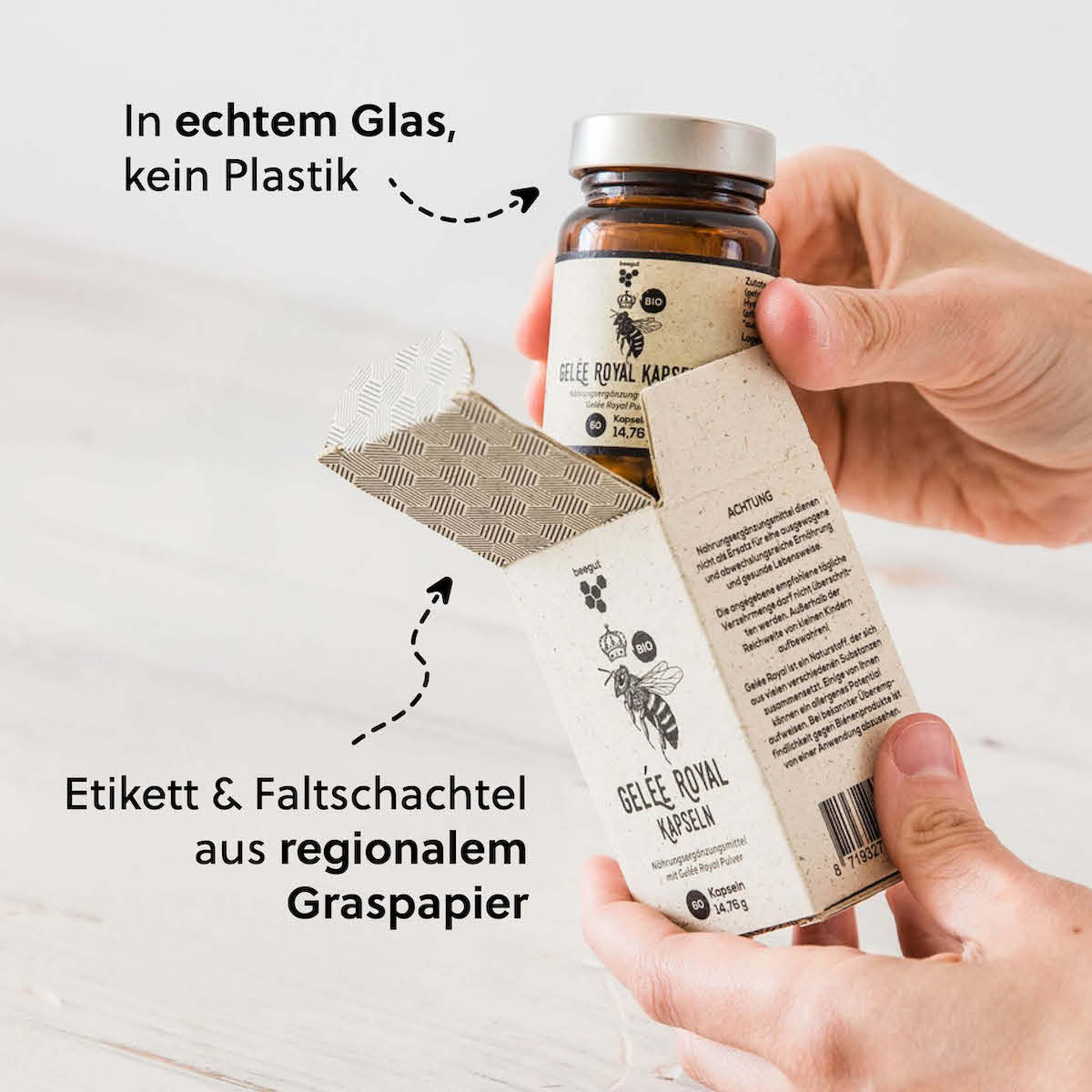 Nachhaltige Verpackung=>Die Verpackung ist aus Glas (keine Plastikdose), Etikett & Faltschachtel aus ressourcenschonendem & regionalem Graspapier.