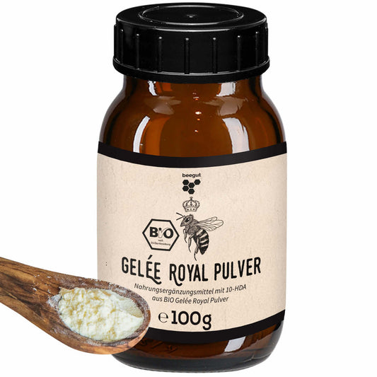 Bio Gelee Royal Pulver=>Gefriergetrocknetes Gelee Royal Pulver in Bio Qualität, welches wertvolle Nährstoffe wie 10-HDA, Vitamine und Enzyme enthält. 