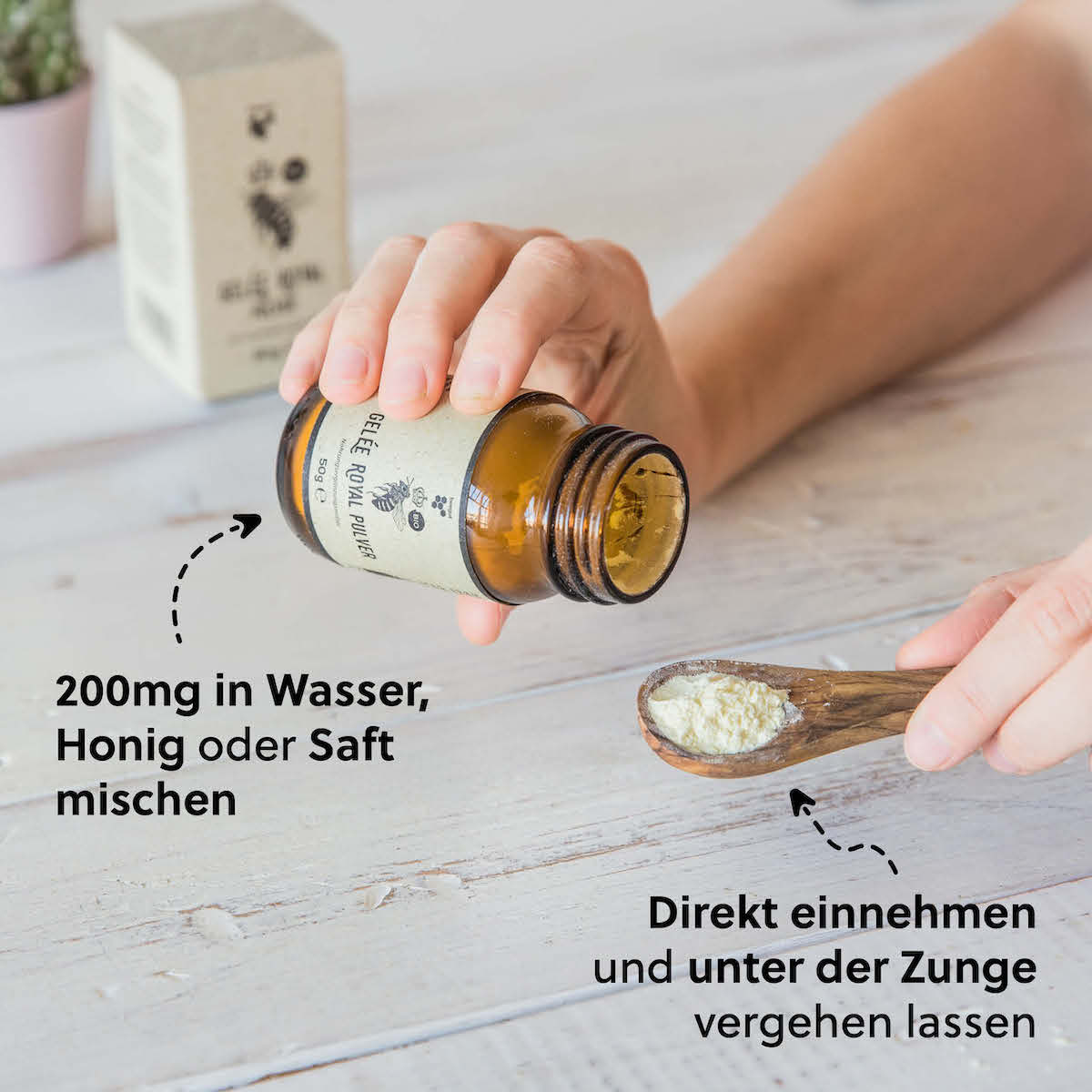 Praktische Einnahme=>Wir empfehlen eine tägliche Verzehrmenge von 200mg, was ungefähr 600mg purem Gelee Royal entspricht. Achtung: Nicht in heiße Getränke mischen (über 40°C), da Hitze empfindliche Enzyme zerstören kann.