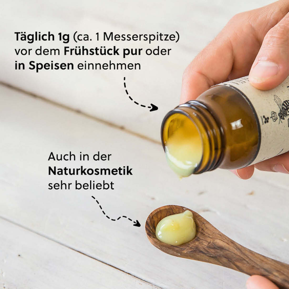 Vielseitige Verwendung=>Das Gelee Royal kann pur eingenommen, mit Honig gemischt, in Kapseln verarbeitet oder in Kosmetikprodukten für Haut und Haare verwendet werden.