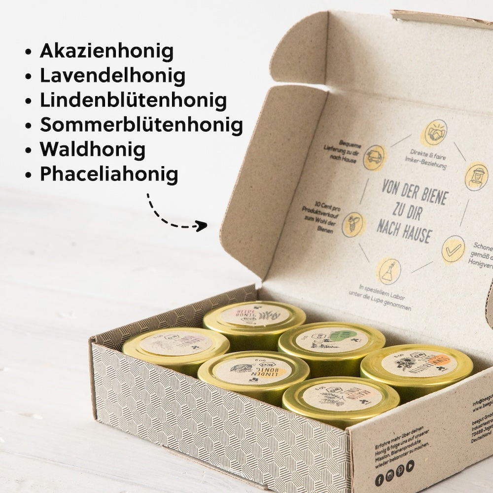 6 leckere Honigsorten=>Erlebe die ganze Bandbreite des Honigs – von mild bis kräftig, blumig bis würzig. Mit 6 ausgewählten Sorten à 50g kannst Du die faszinierende Vielfalt entdecken und Deinen Favoriten finden.