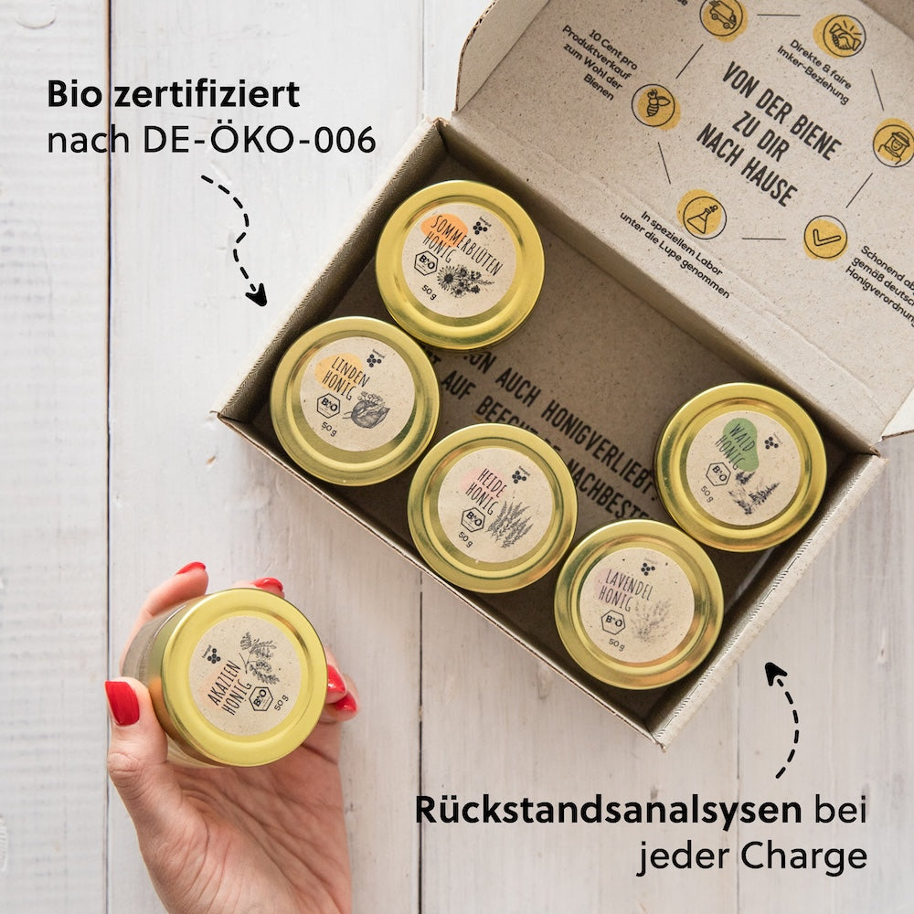 Unser Qualitätsversprechen=>Jede Charge wird in einem für Bienenprodukte spezialisierten Labor in Deutschland auf Pestizide und Schwermetalle analysiert.