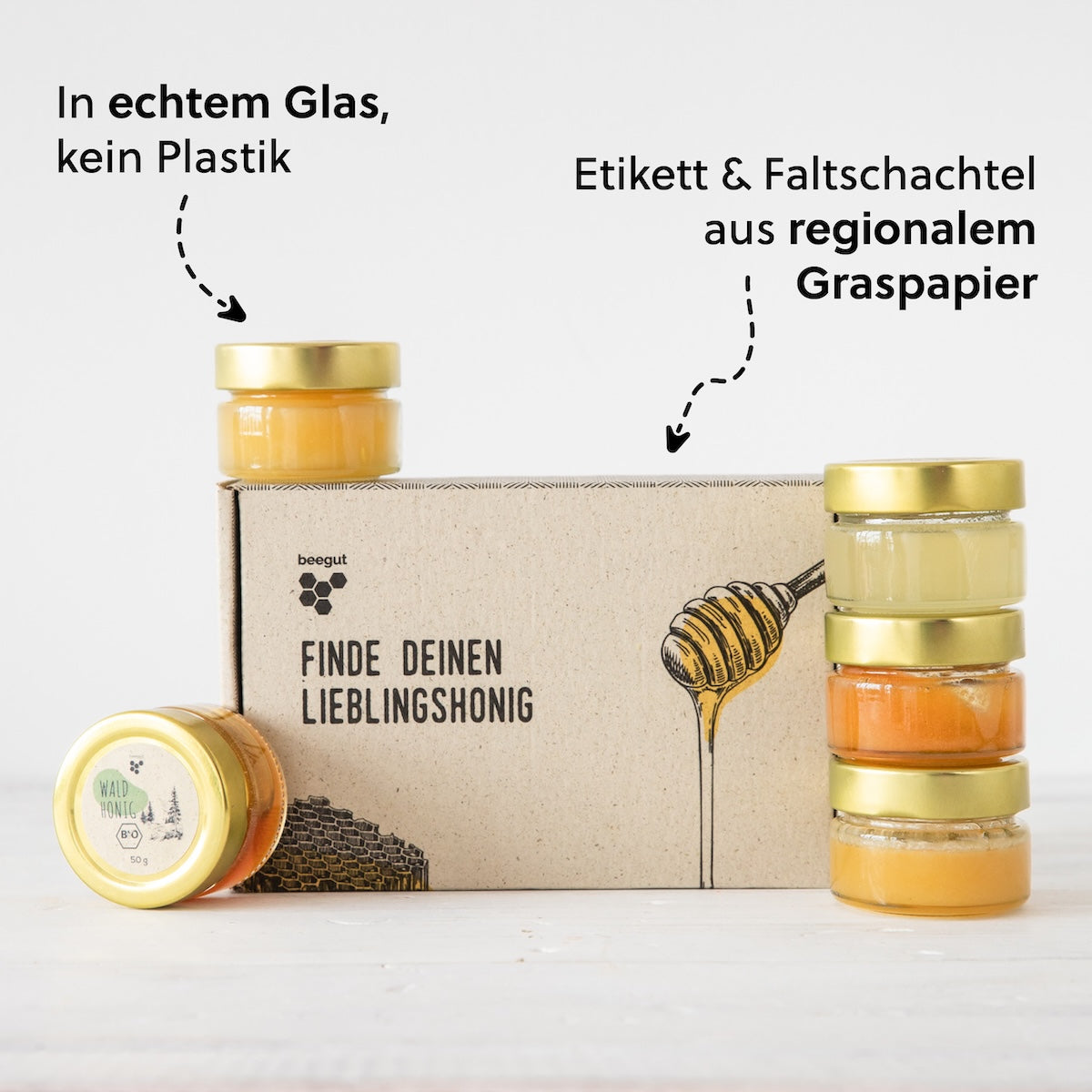 Nachhaltige Verpackung=>Die wiederverwendbaren Gläser werden mit einem nachhaltigen Graspapier-Etikett versehen und in einer Karton-Schutzverpackung an dich versendet.