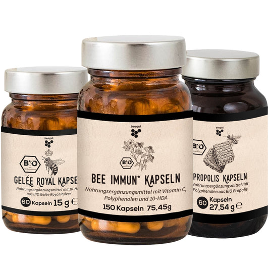 Bewährte Bienenprodukte im Set=>Das Set vereint mit Propolis und Gelee Royal zwei Klassiker aus dem Bienenstock und wird ergänzt durch unsere Bee Immun Kapseln mit natürlichem Vitamin C aus der Acerola-Beere und weiteren Pflanzenextrakten. 