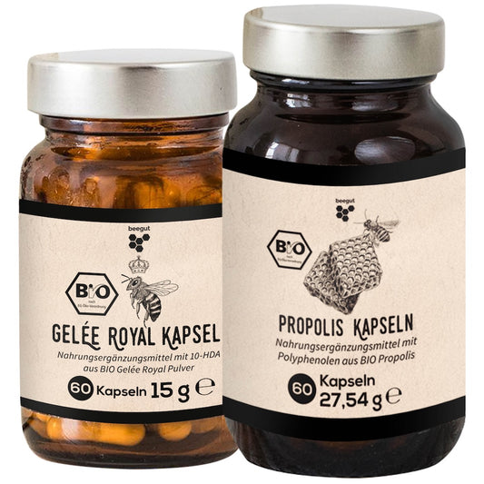 Bewährte Bienenprodukte im Set=>Zwei Klassiker aus dem Bienenstock, praktisch in Kapselform vereint – für eine einfache Ergänzung deiner täglichen Ernährung.