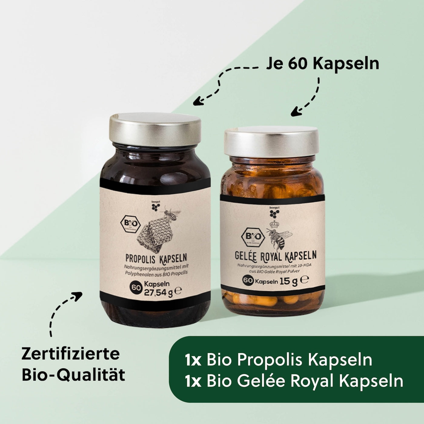 Das steckt Kapsel-Set=>Das Set enthält jeweils 60 Kapseln mit Propolis und Gelee Royal, die bei einer täglichen Einnahme von einer Kapsel für 60 Tage ausreichen.
