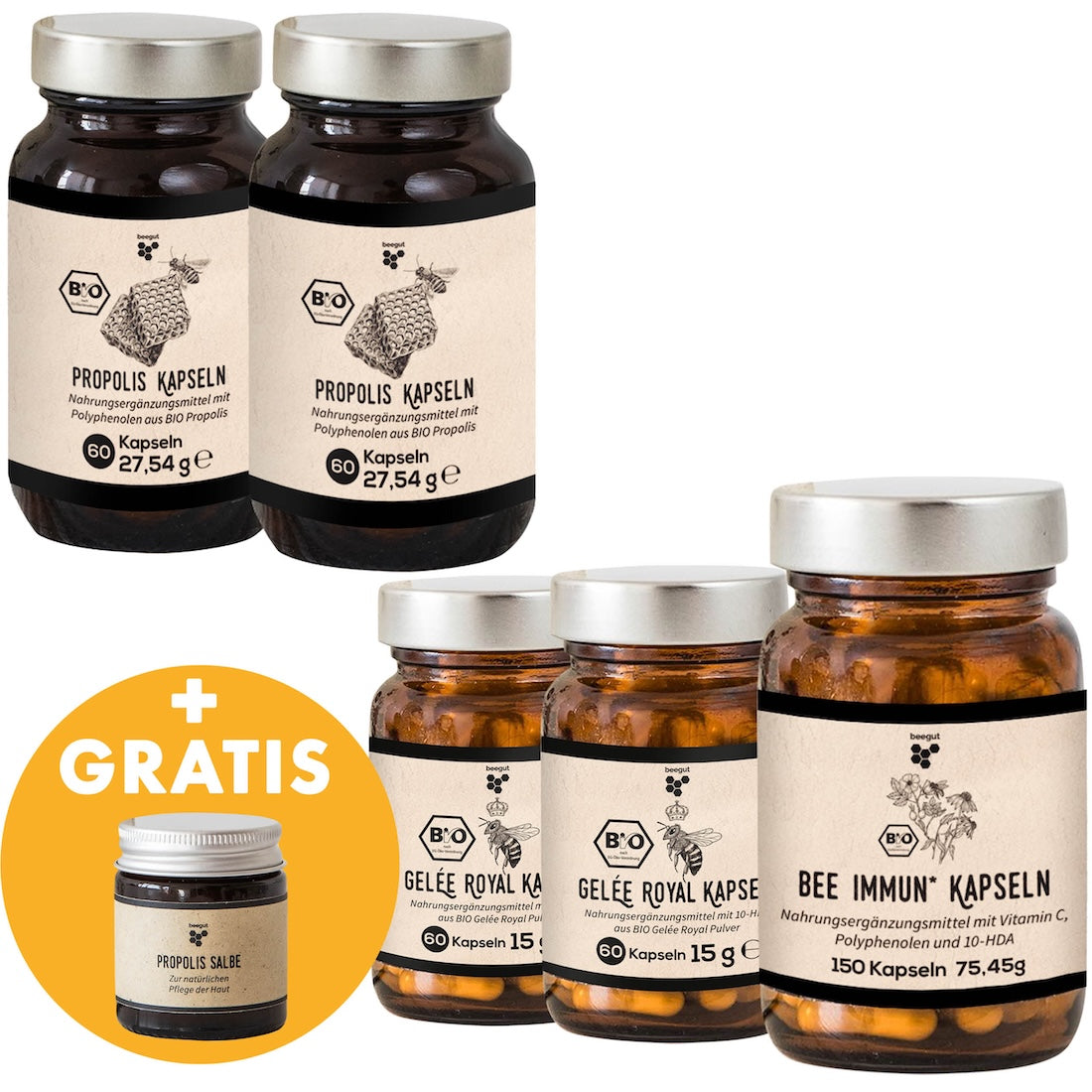 Bewährte Bienenprodukte im Set=>Das Set vereint mit Propolis und Gelee Royal zwei Klassiker aus dem Bienenstock und wird ergänzt durch unsere Bee Immun Kapseln mit natürlichem Vitamin C aus der Acerola-Beere und weiteren Pflanzenextrakten. Zur natürlichen Pflege deiner Haut gibt es unsere Propolis Salbe gratis hinzu. 