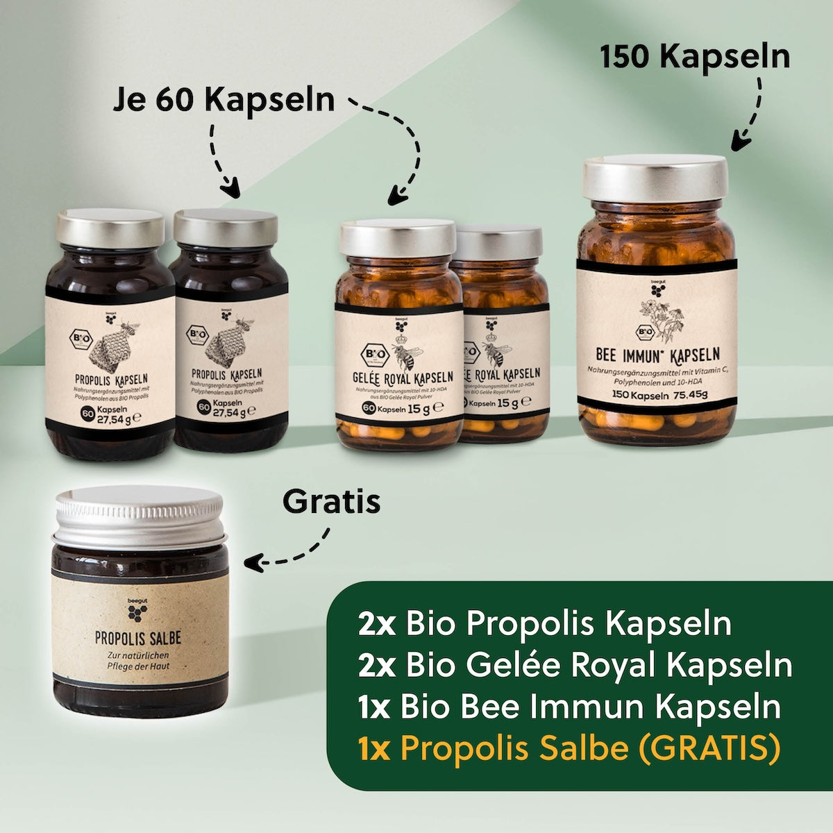 Das steckt Kapsel-Set=>Mit diesem Set bist Du bestens ausgestattet, um deine Ernährung auf natürliche Weise zu ergänzen und deine Haut zu pflegen. Das Set verbindet das Beste von der Biene mit wichtigen Pflanzenextrakten wie zum Beispiel der Acerola Beere mit Vitamin C, welches zur Funktion deines Immunsystems beiträgt. 
