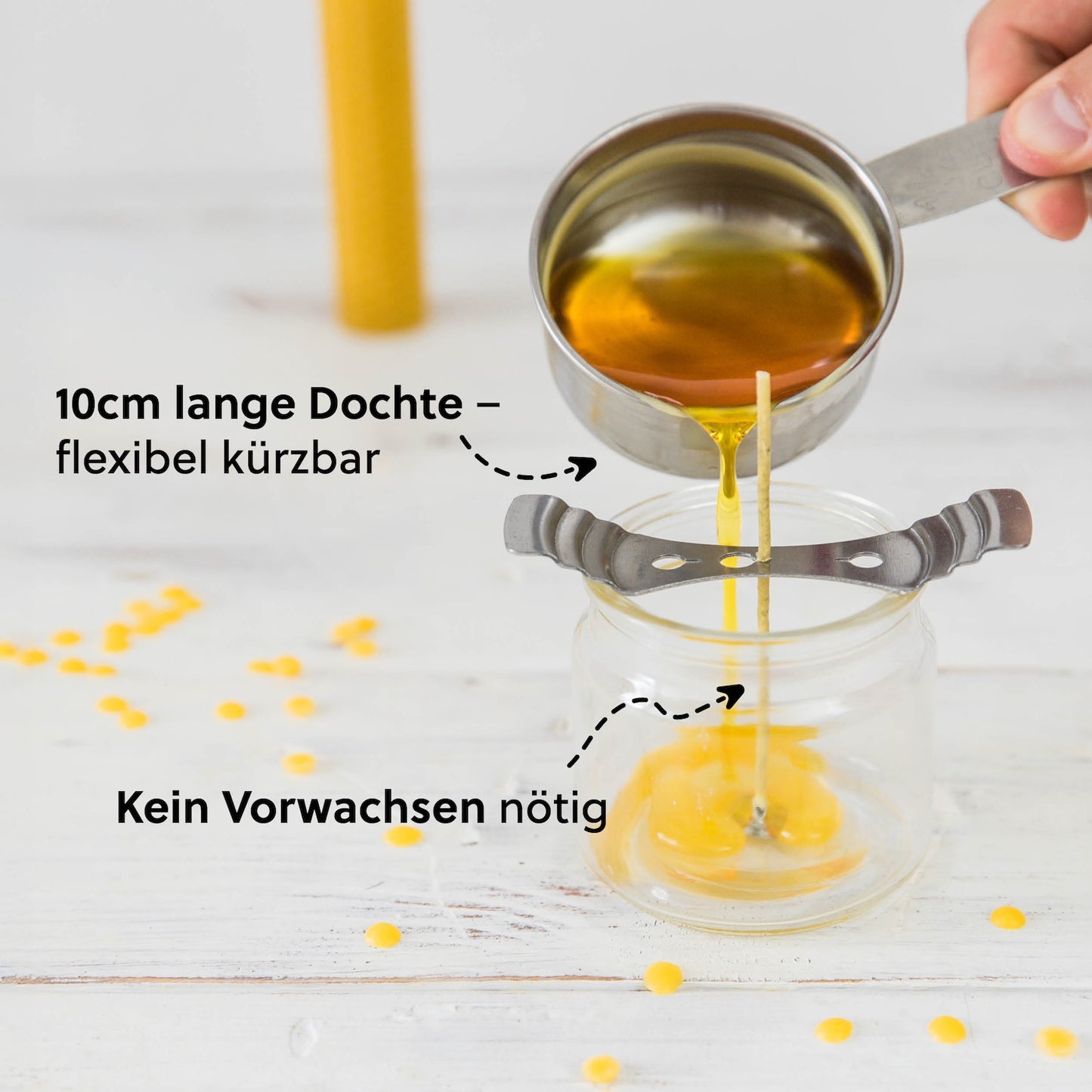Einfach und praktisch=>Die 10 cm langen Dochte lassen sich flexibel einsetzen: Sie können für kleine Kerzen gekürzt oder für größere Formen genutzt werden. Da sie sofort einsatzbereit sind, sparst du dir Vorwachsen oder aufwendige Vorbereitung – ideal auch für Einsteiger.