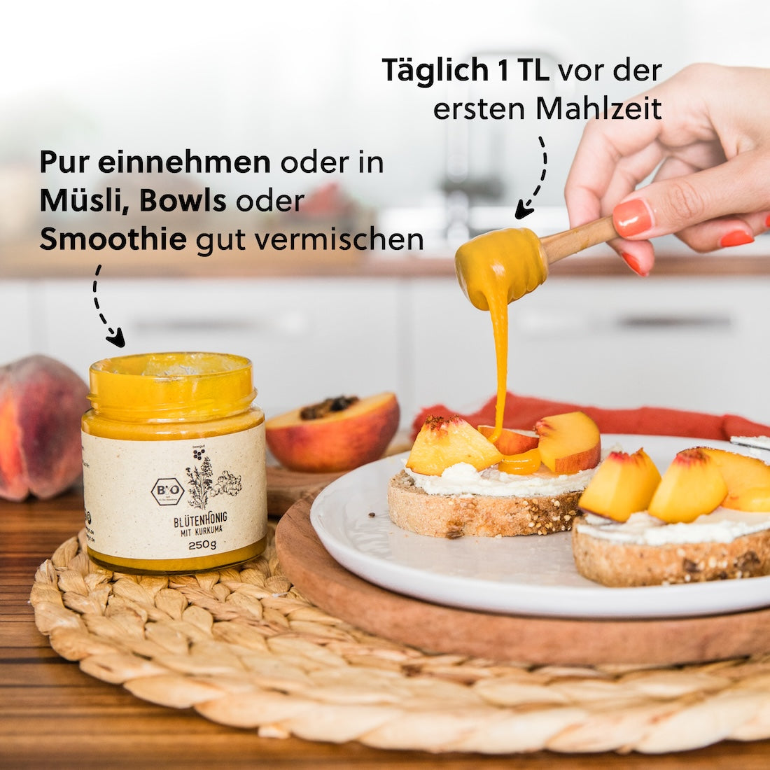 Vielseitige Verwendung=>Im Grunde kannst du den Honig einnehmen, wie du es am liebsten möchtest. Aber Achtung: Nicht in heiße Getränke mischen (über 40°C), da Hitze empfindliche Enzyme zerstören kann.
