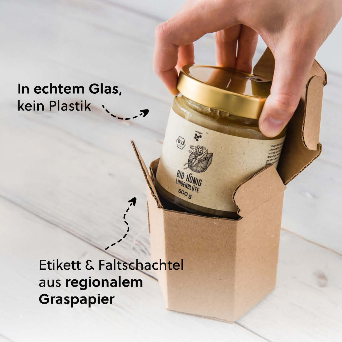 Nachhaltige Verpackung=>Das wiederverwendbare Glas wird mit einem nachhaltigen Graspapier-Etikett versehen und in einer Karton-Schutzverpackung an dich versendet.