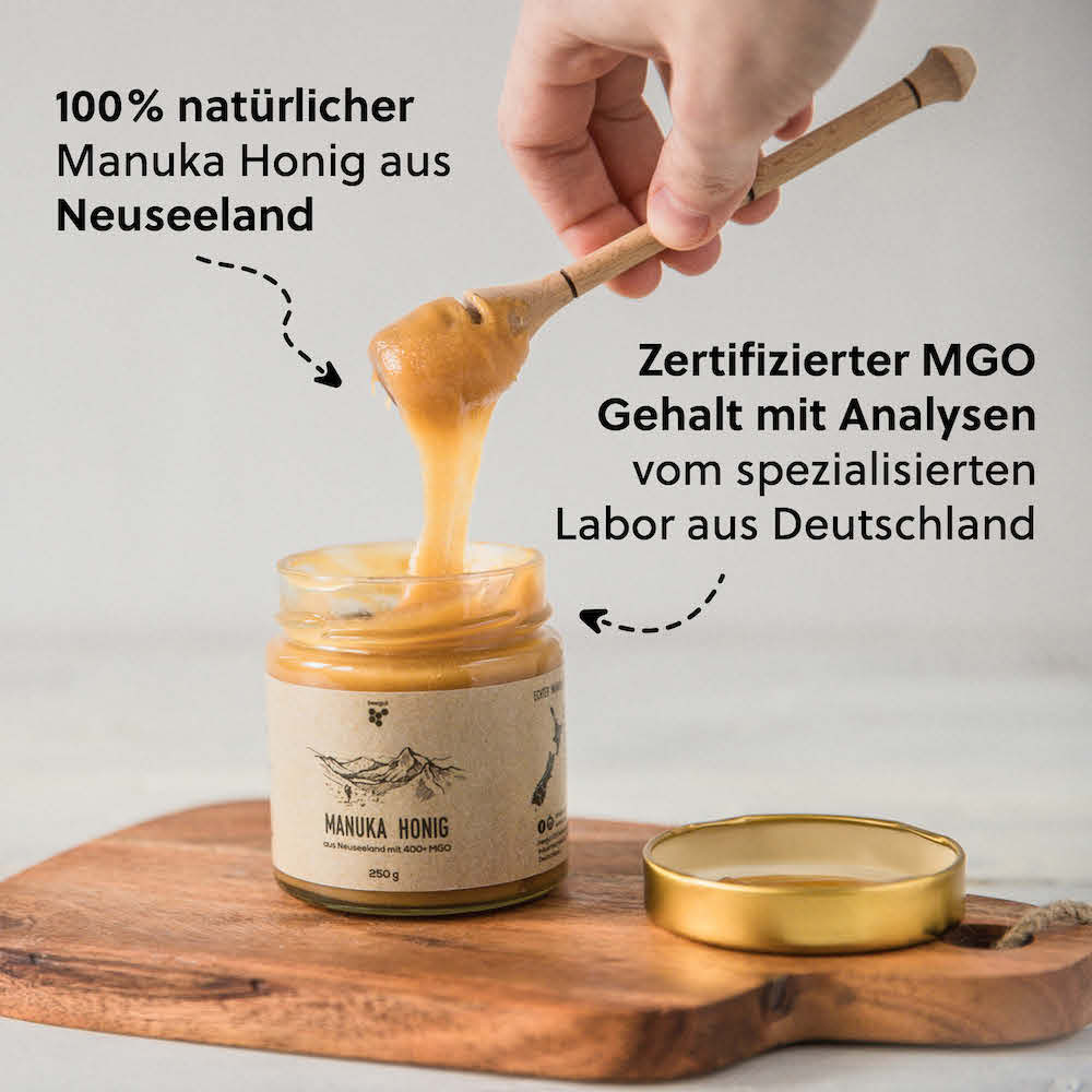 Garantierte Qualität=>Jede Charge wird von einem unabhängigen deutschen Labor auf den MGO- und Pollengehalt analysiert und gibt Dir die Sicherheit, einen 100% natürlichen & unverfälschten Manuka Honig zu erhalten.