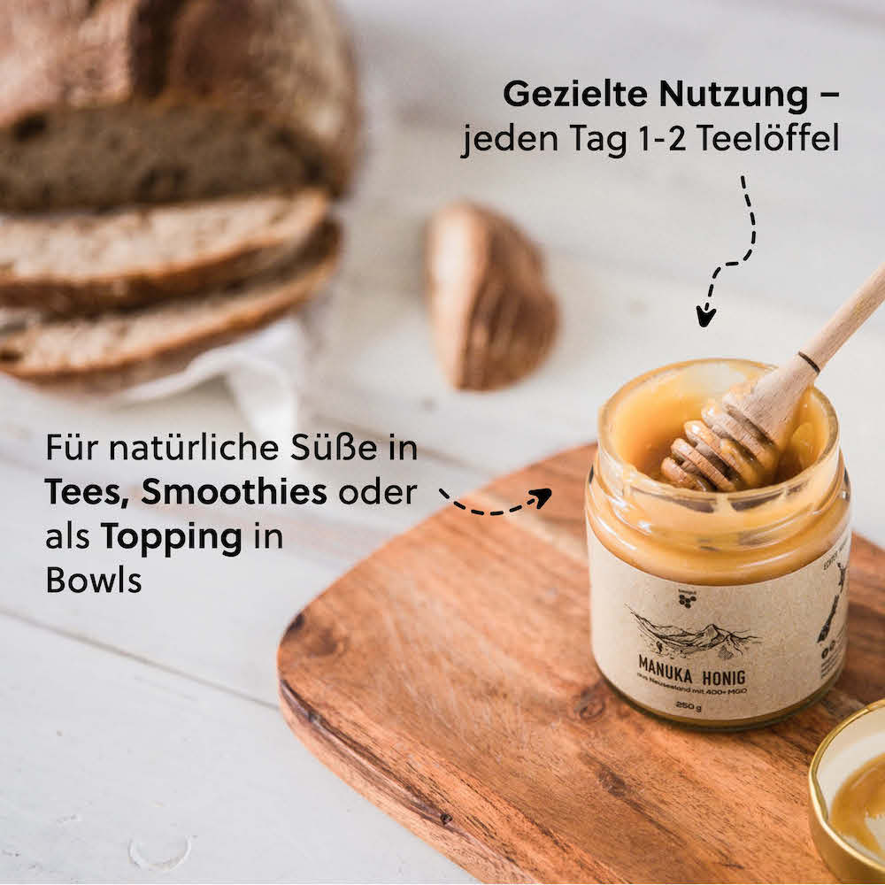 Vielfältige Verwendung=>Manuka Honig kann innerlich pur eingenommen, in warmen Getränken verrührt oder als Zutat in Speisen wie Joghurt, Müsli oder Smoothies verwendet werden.