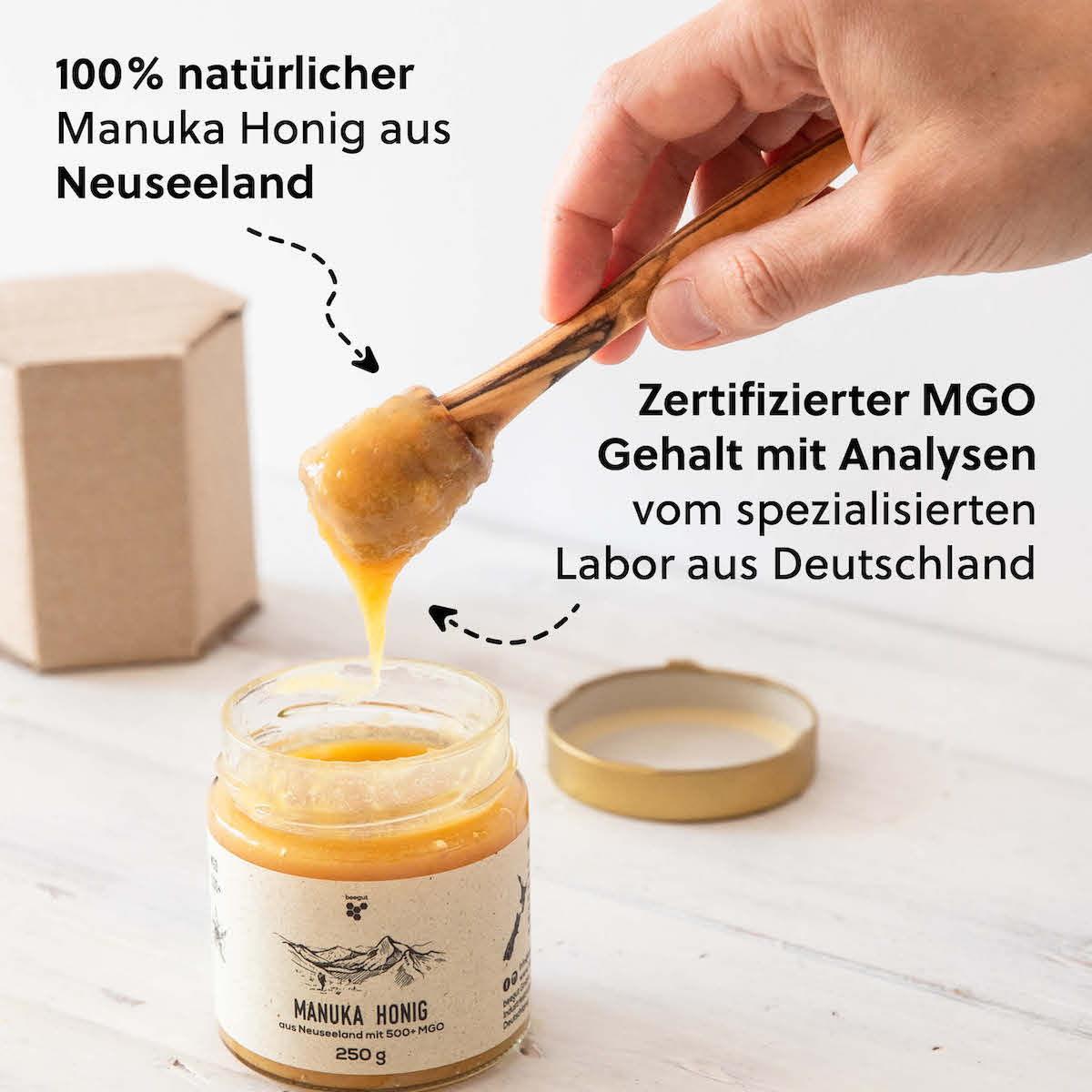 Garantierte Qualität=>Jede Charge wird von einem unabhängigen deutschen Labor auf den MGO- und Pollengehalt analysiert und gibt Dir die Sicherheit, einen 100% natürlichen & unverfälschten Manuka Honig zu erhalten.