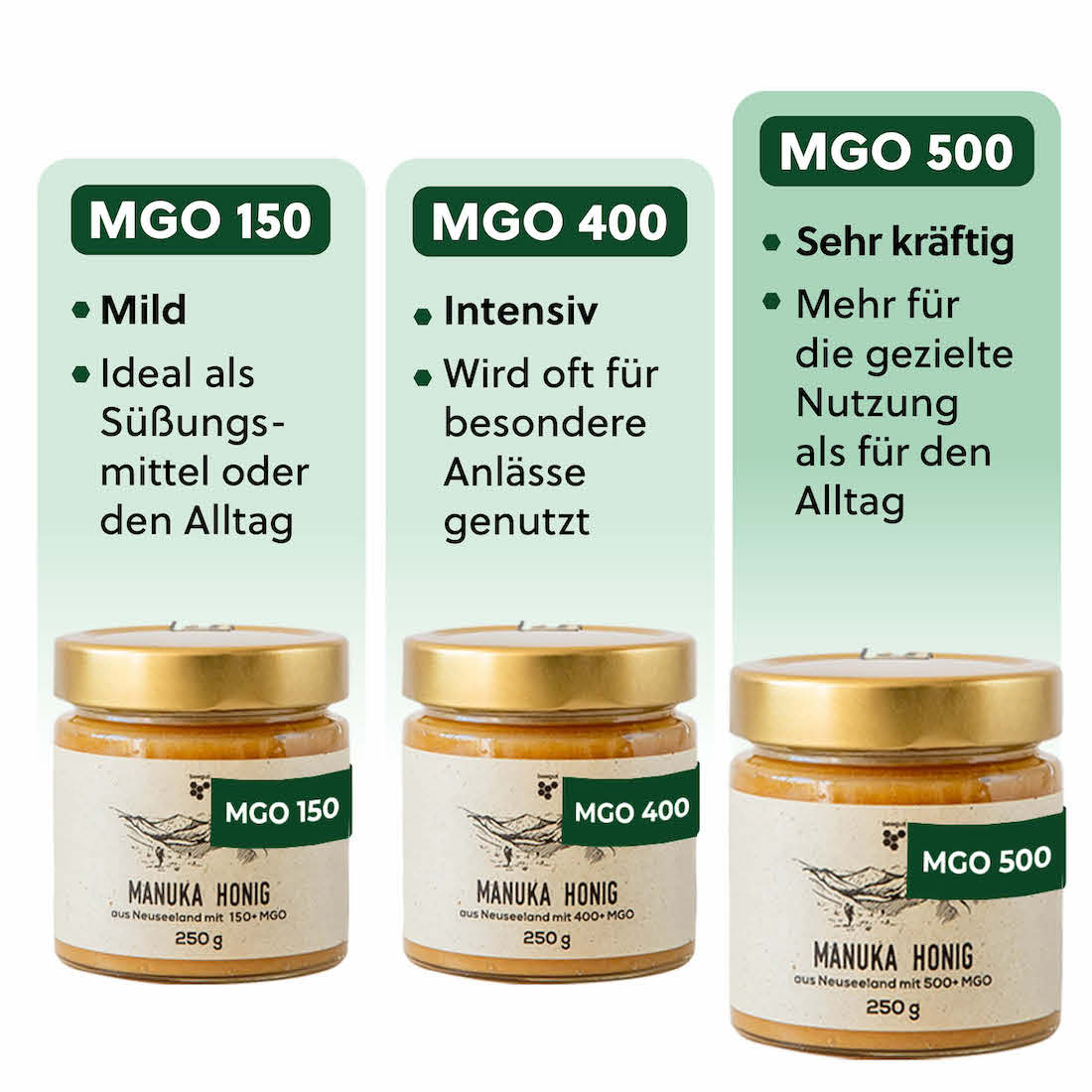 Der MGO Gehalt=>Das Methylglyoxal, kurz MGO, entsteht erst während der Reife des Honigs. Im Nektar selbst ist lediglich die Vorstufe Dihydroxyaceton zu finden. Warum ausschließlich der Nektar der Südseemyrte MGO im Honig hervorbringt, ist noch nicht bekannt.