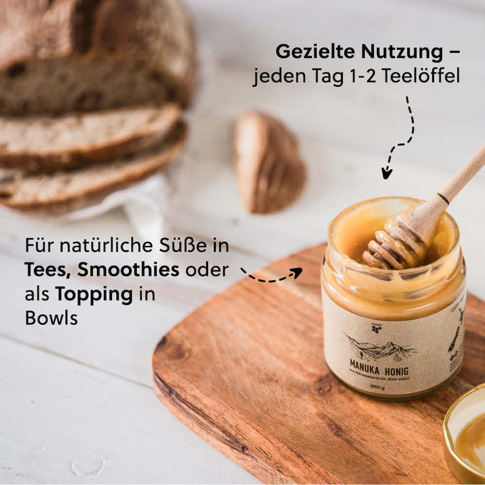 Vielfältige Verwendung=>Manuka Honig kann innerlich pur eingenommen, in warmen Getränken verrührt oder als Zutat in Speisen wie Joghurt, Müsli oder Smoothies verwendet werden.
