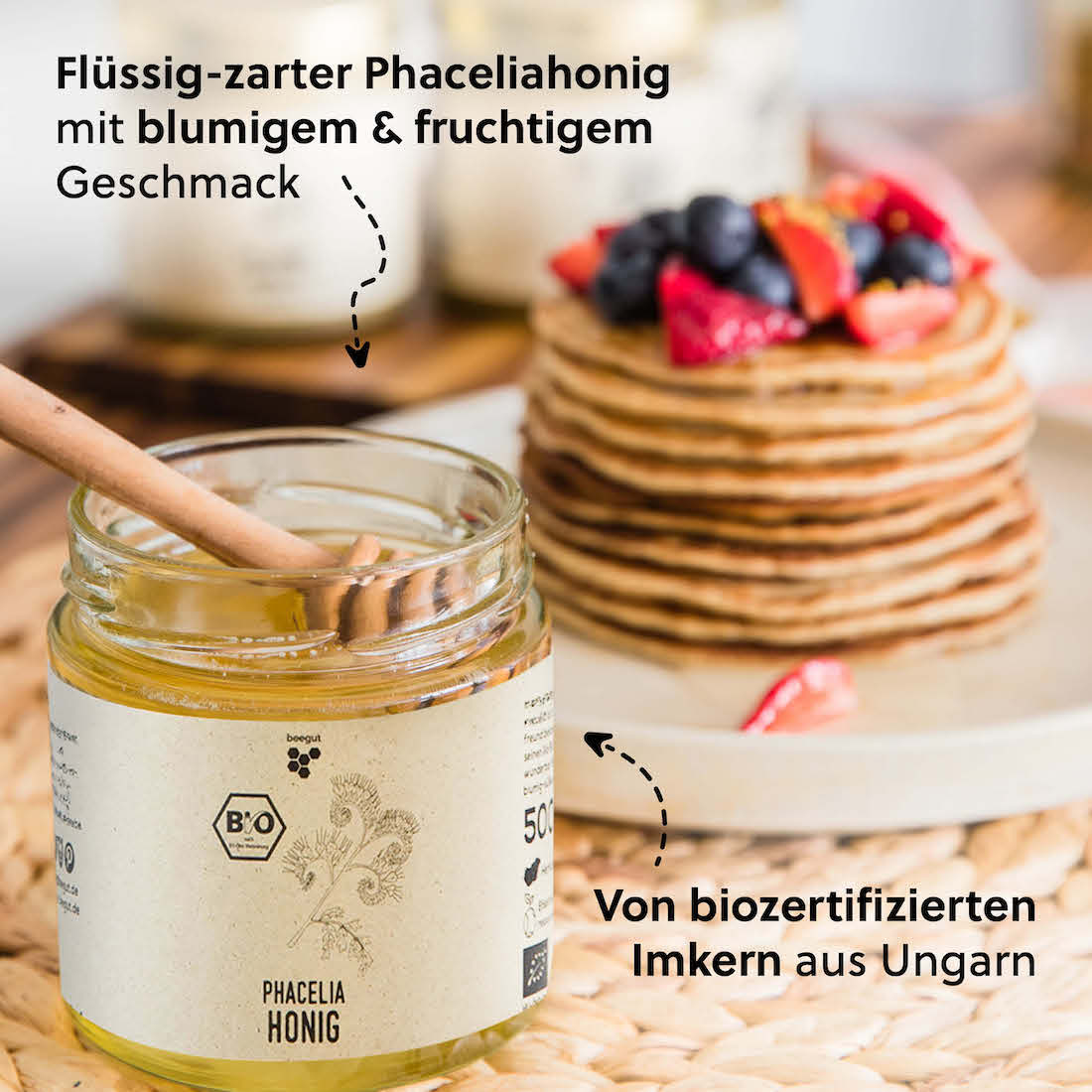 Geschmack und Konsistenz=>Der Phaceliahonig besticht durch einen angenehm blumigen Geschmack, mit einer leicht fruchtigen Note. Weniger süß als viele andere Honigsorten.