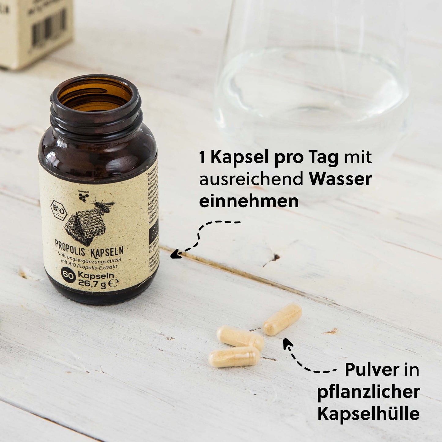 Einfache Dosierung=>1 Kapsel enthält 350mg Propolis Pulver, wovon 168mg Propolis Extrakt sind. Das entspricht 420mg reinem Rohpropolis. 