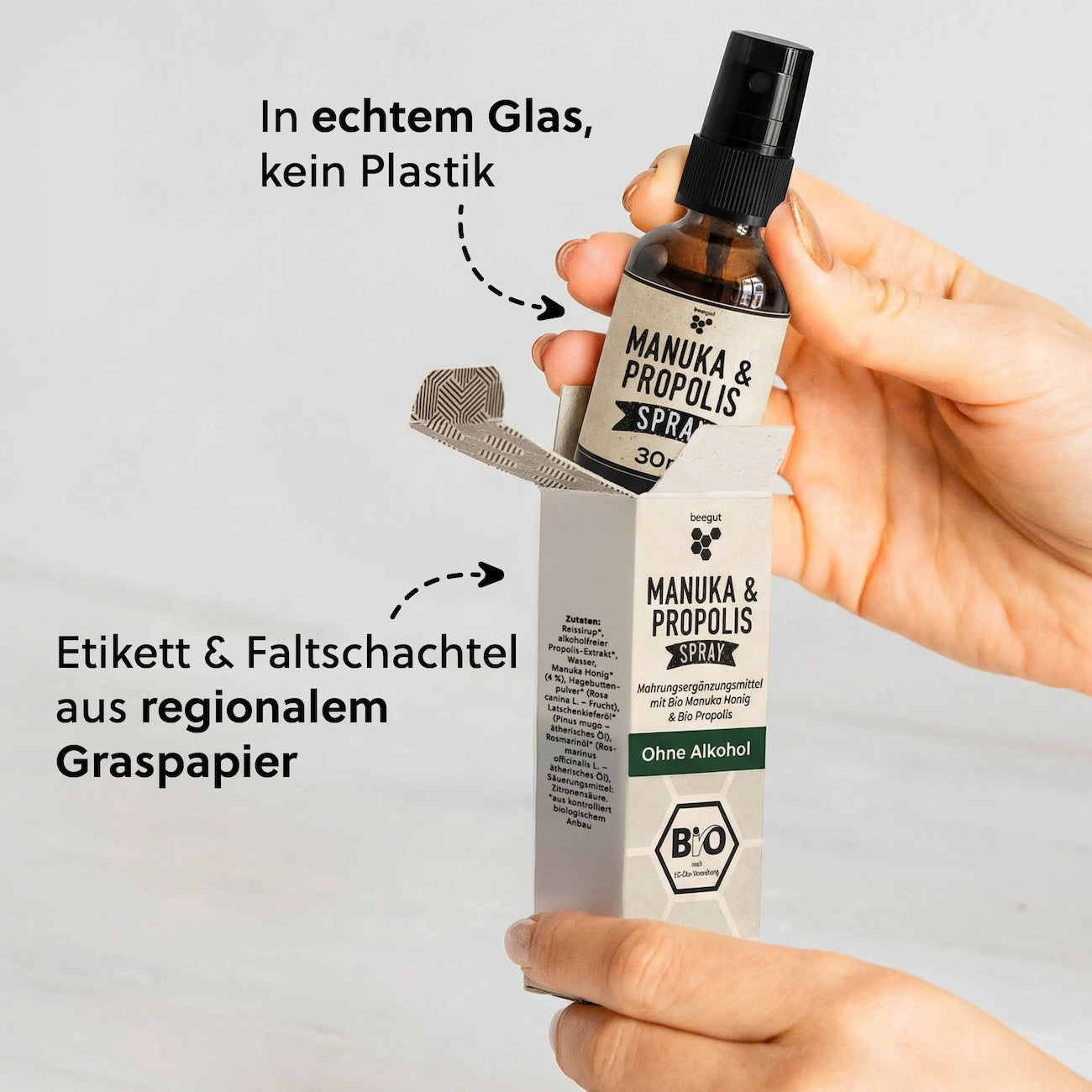 Nachhaltige Verpackung=>Die Verpackung besteht aus Glas, Etikett und Faltschachtel aus ressourcenschonendem Graspapier.