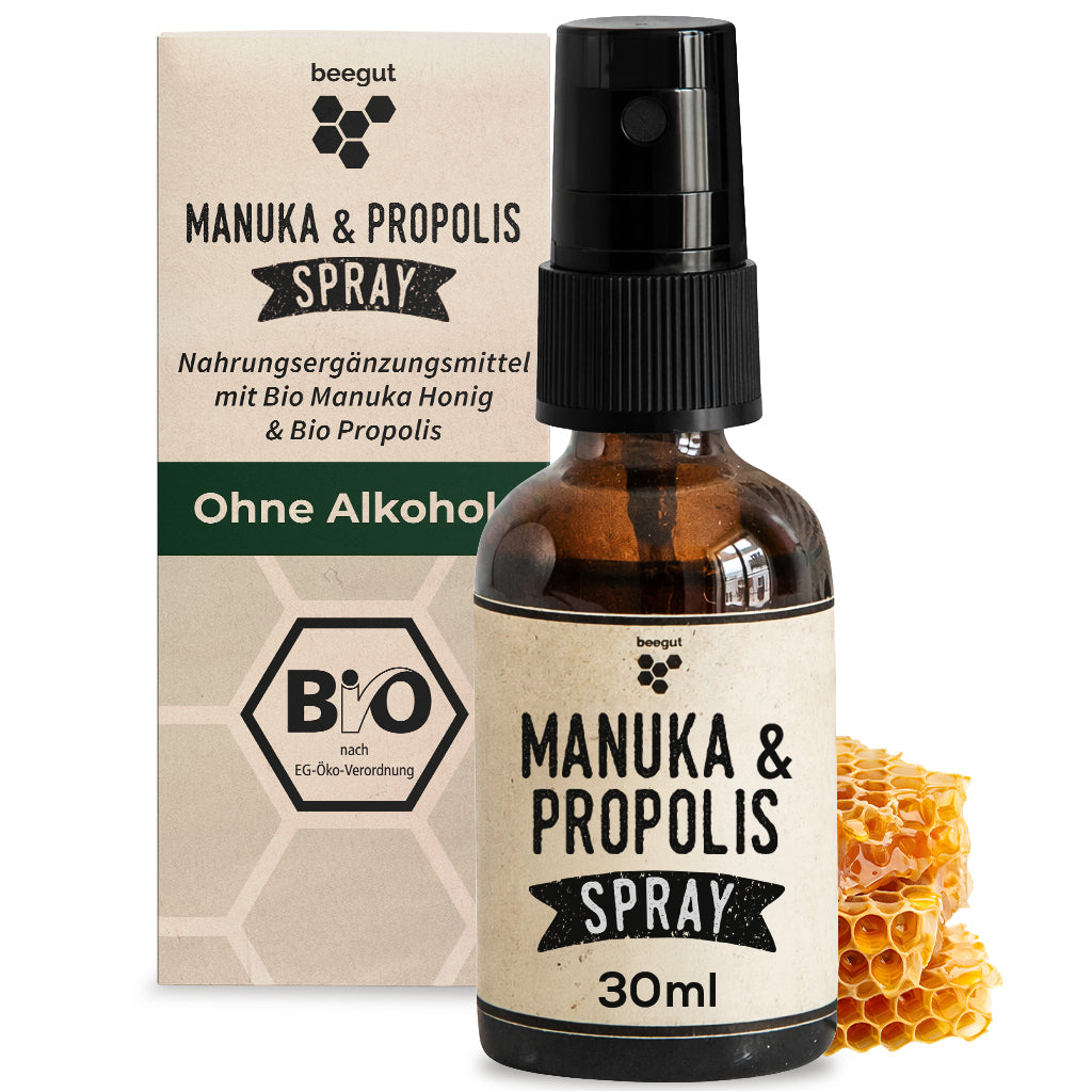 Zur natürlichen Mundhygiene=>Das BIO Manuka & Propolis Mundspray eignet sich für die tägliche Pflege von Mund und Rachen – mit ausgewählten Inhaltsstoffen in Bio-Qualität.
