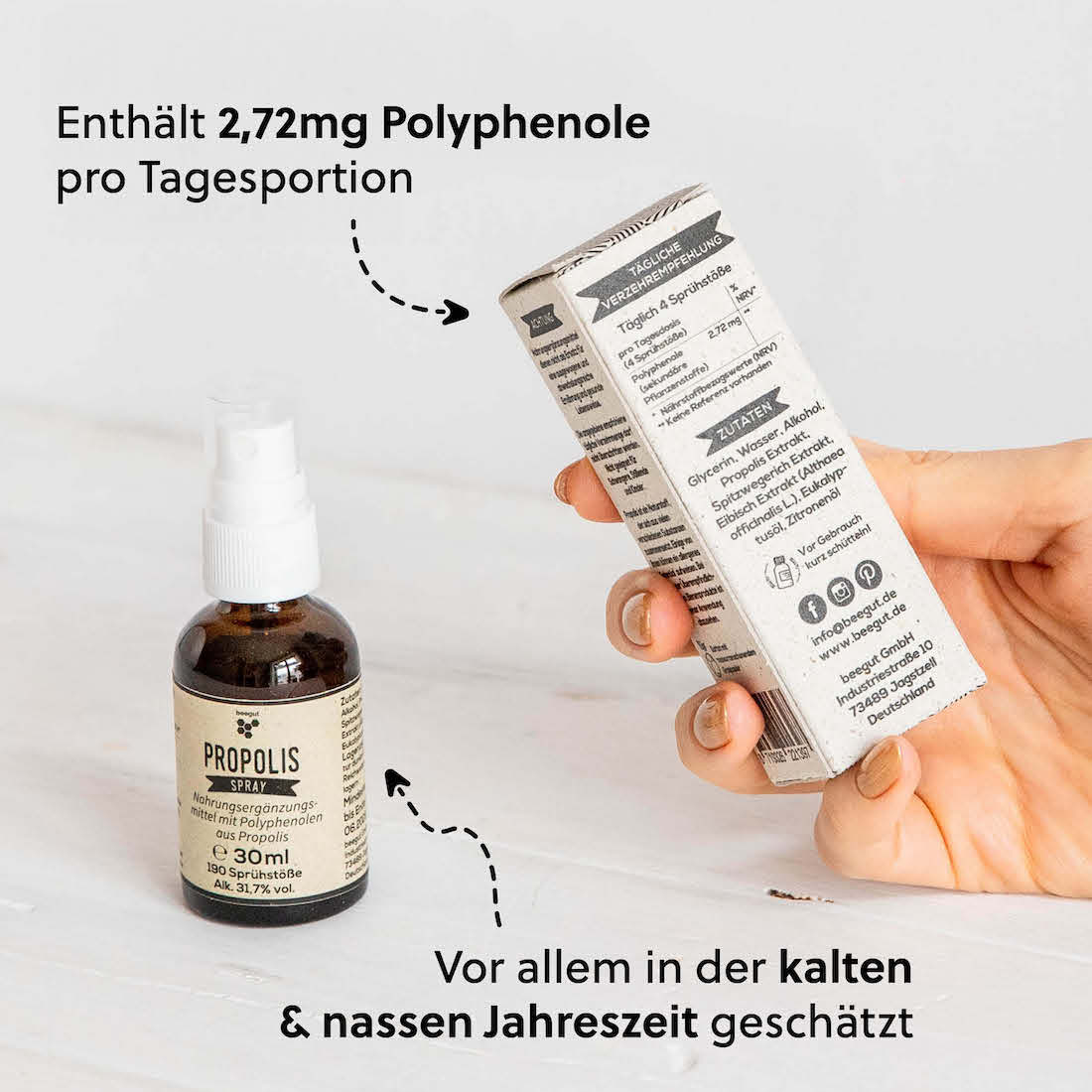 Ohne chemische Zusatzstoffe=>Unser Propolis Mundspray besteht ausschließlich aus natürlichen Rohstoffen – frei von künstlichen Farb-, Duft- und Konservierungsstoffen.
